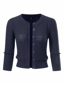 Women's Button Down 3/4 Sleeve Cropped Knit Cardigan Crochet Sweater (S-3XL)