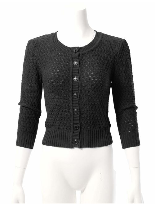 Women's Button Down 3/4 Sleeve Cropped Knit Cardigan Crochet Sweater (S-3XL)