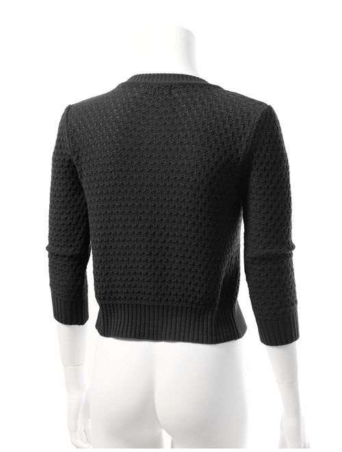 Women's Button Down 3/4 Sleeve Cropped Knit Cardigan Crochet Sweater (S-3XL)