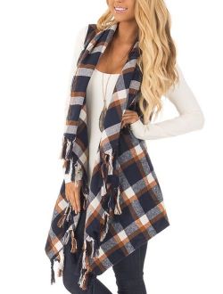 Inorin Womens Sleeveless Plaid Asymmetrical Hem Tassel Drape Open Front Cardigan Vest