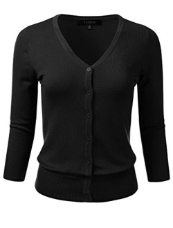 FLORIA Women's Button Down 3/4 Sleeve V-Neck Stretch Knit Cardigan Sweater (S-3X)