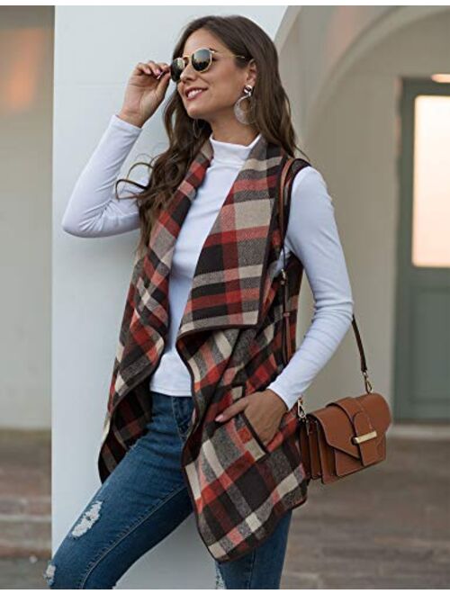 Kikibell Womens Casual Lapel Sleeveless Open Front Plaid Vest Cardigan Coat with Pockets
