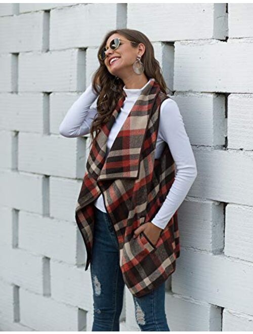 Kikibell Womens Casual Lapel Sleeveless Open Front Plaid Vest Cardigan Coat with Pockets