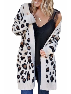 Mahrokh Women's Leopard Print Cardigan Open Front Long Sleeve Knit Sweater Winter Fall Outwear with Pockets