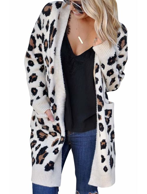 Mahrokh Women's Leopard Print Cardigan Open Front Long Sleeve Knit Sweater Winter Fall Outwear with Pockets