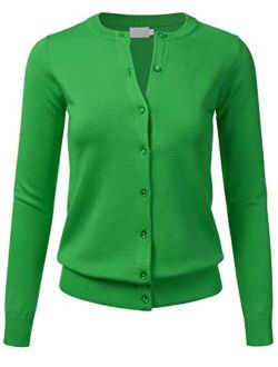 FLORIA Women's Gem Button Crew Neck Long Sleeve Soft Knit Cardigan Sweater (S-3XL)