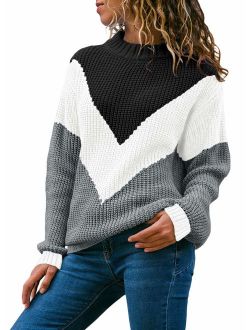 Acelitt Women's Oversized Color Block Long Sleeve Round Neck Knitted Sweater Jumper(7 Color,S-XXL)