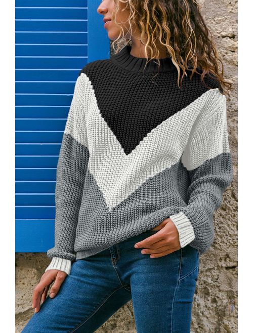 Acelitt Women's Oversized Color Block Long Sleeve Round Neck Knitted Sweater Jumper(7 Color,S-XXL)