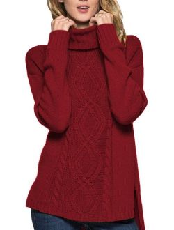 Sovoyontee Woman's Long Sleeves Irish Cable Knit Chunky Turtleneck Tunics Pullover Sweater Petite Size