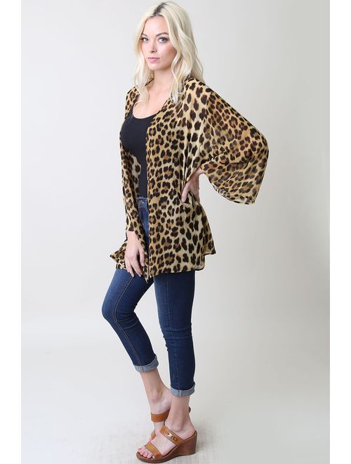 Leopard Thin Chiffon Loose fit Kimono Sleeve Cardigan Cover up and Robe