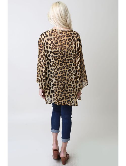 Leopard Thin Chiffon Loose fit Kimono Sleeve Cardigan Cover up and Robe