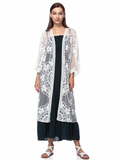 Anna-Kaci Womens Long Embroidered Lace Kimono Cardigan with Half Sleeves