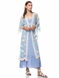 Anna-Kaci Womens Long Embroidered Lace Kimono Cardigan with Half Sleeves