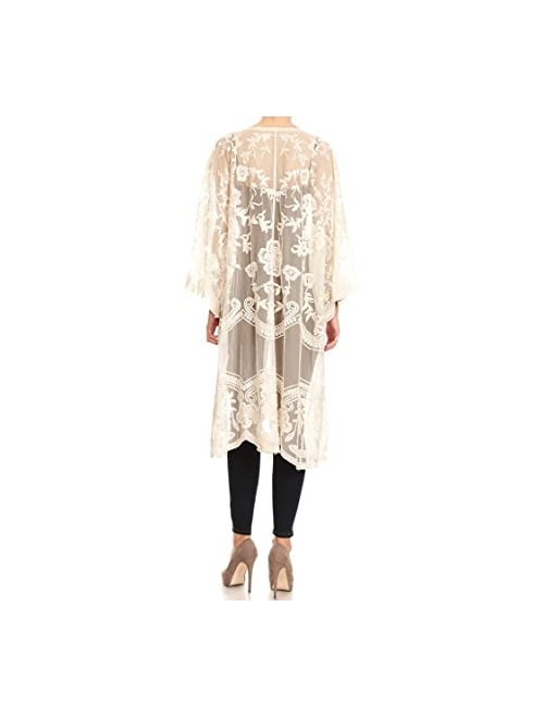 Anna Kaci Anna-Kaci Womens Long Embroidered Lace Kimono Cardigan with Half Sleeves