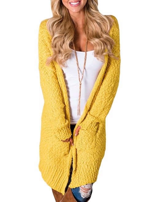 Asvivid Womens Comfy Open Front Long Sweater Cardigans Soft Oversized Popcorn Knitted Pullover Tops Outwear with Pocket