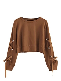 Women's Casual Lace Up Long Sleeve Pullover Crop Top Sweatshirt