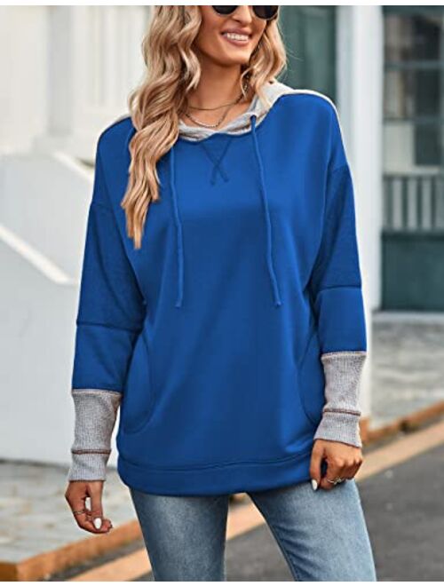 SEBOWEL Women's Waffle Knit Splice Strappy Long Sleeve Hoodies Sweatshirts with Pocket Plus Size