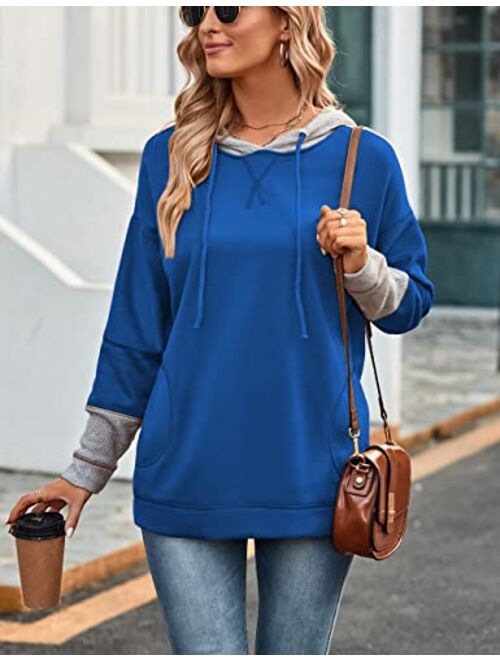 SEBOWEL Women's Waffle Knit Splice Strappy Long Sleeve Hoodies Sweatshirts with Pocket Plus Size