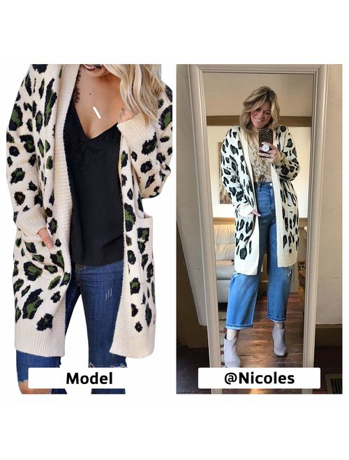 Exlura Women's Cardigans with Pockets Oversized Loose Leopard Printed Open Front Knitted Kimono Long Sleeve Sweater