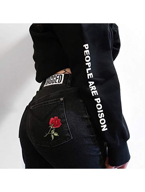 YEMOCILE Women's Black Rose Pattern People are Poison Letter Print Black Hoodie Sweatshirt