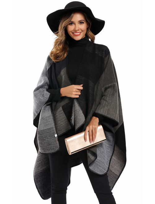 Epsion Women's Color Block Shawl Wrap Plus Size Cardigan Poncho Cape Open Front Long Winter Sweater Coat