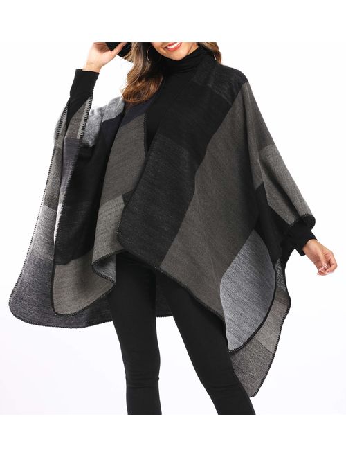 Epsion Women's Color Block Shawl Wrap Plus Size Cardigan Poncho Cape Open Front Long Winter Sweater Coat