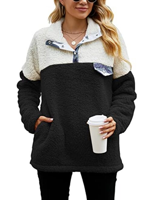 Yanekop Womens Fuzzy Fleece Pullover Plaid Print Sherpa Sweatshirt Button Collar Tops With Pockets