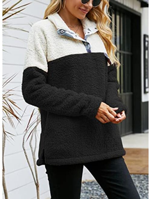 Yanekop Womens Fuzzy Fleece Pullover Plaid Print Sherpa Sweatshirt Button Collar Tops With Pockets