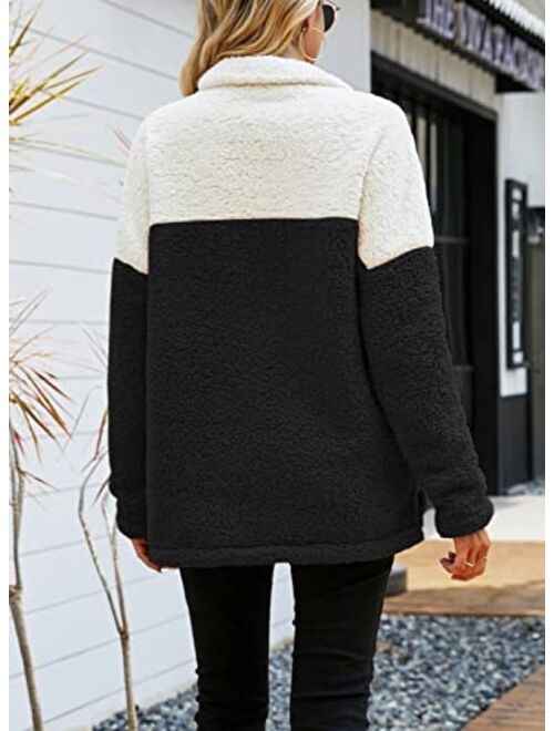 Yanekop Womens Fuzzy Fleece Pullover Plaid Print Sherpa Sweatshirt Button Collar Tops With Pockets