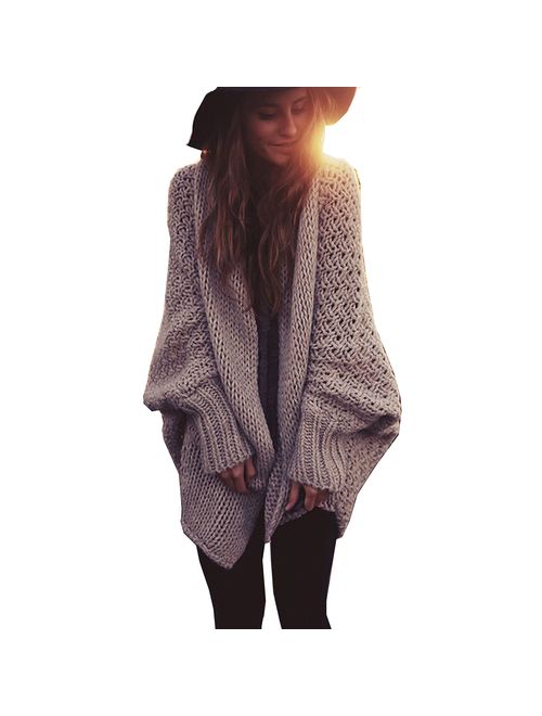 Mcupper-Women Oversized Loose Knitted Sweater Batwing Sleeve Taupe (One Size Fits Most)