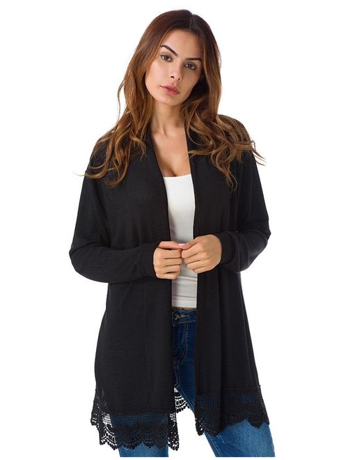 Myobe Women's Elegant Black Lacy Splicing Sweater Cardigan Long Sleeve Open Front Knitted Cardigan Plus Size Cover Up