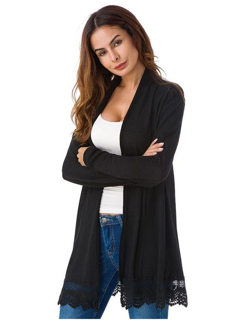 Myobe Women's Elegant Black Lacy Splicing Sweater Cardigan Long Sleeve Open Front Knitted Cardigan Plus Size Cover Up