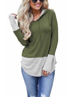 iGENJUN Women's Long Sleeve Pullover Hoodies Tops Casual Color Block Drawstring Sweatshirts with Thumbholes