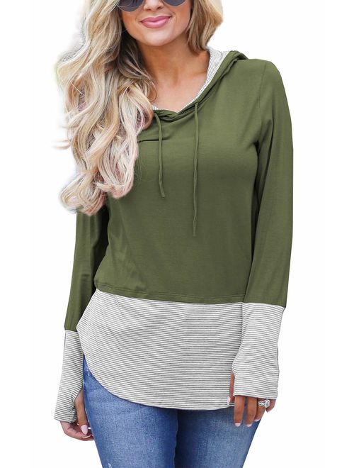 iGENJUN Women's Long Sleeve Pullover Hoodies Tops Casual Color Block Drawstring Sweatshirts with Thumbholes