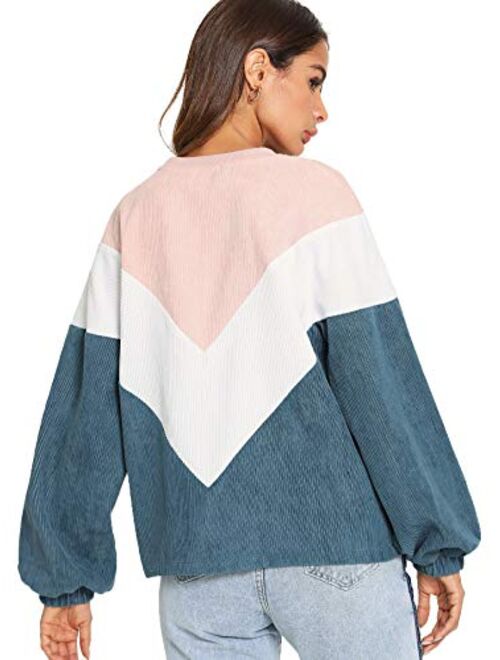 ROMWE Women's Loose Colorblock Sweatshirt Lantern Sleeve Round Neck Pullover Tops