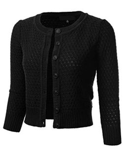 FLORIA Women's Button Down 3/4 Sleeve Crew Neck Cotton Knit Cropped Cardigan Sweater (S-3X)