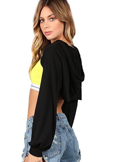 SweatyRocks Women's Solid Black Long Sleeve Pullover Crop Top Hoodie