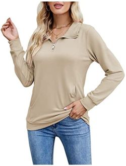 AKEWEI Women's Casual Stand Collar Sweatshirt Long Sleeve Quarter Zip Pullover Tops with Pockets