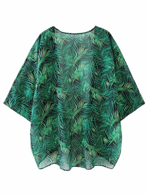 Women's Flowy Chiffon Kimono Cardigan Top Boho Floral Beach Cover Up Casual Loose Shirt