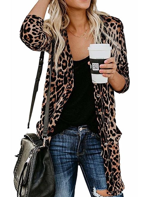 Halife Women's Leopard Printed Cardigans Shirt Lightweight Button Down Cardigan Coat with Pockets