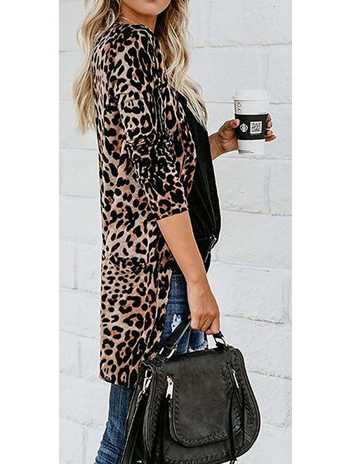 Halife Women's Leopard Printed Cardigans Shirt Lightweight Button Down Cardigan Coat with Pockets