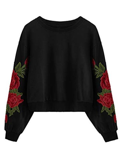 Romwe Women's Casual 3D Embroidered Crew Neck Pullover Crop Top Sweatshirt