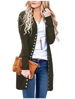 Asvivid Womens Open Front Long Cardigans Solid Button Down Knit Sweater Coat with Pocket