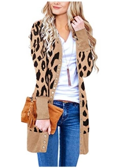Womens Open Front Long Cardigans Solid Button Down Knit Sweater Coat with Pocket