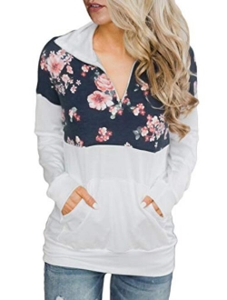 Actloe Women 1/4 Zip Floral Patchwork Pullover Long Sleeve Sweatshirt with Kangaroo Pockets