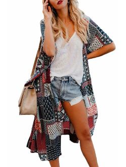 Yonala Women's Swimsuit Cover up Beach Long Kimono Bathing Suit Chiffon Floral Cardigan