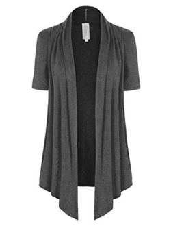 MixMatchy Women's [Made in USA] Solid Jersey Knit Short Sleeve Open Front Draped Cardigan (S-3XL)