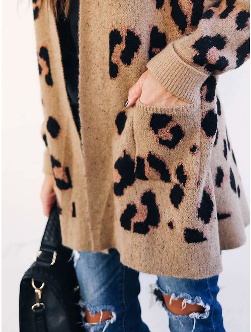 Chang Yun Women's Leopard Cardigan Sweaters Open Front Knit Kimono Long Sleeve Boyfriend Casual Coat Outwear with Pockets