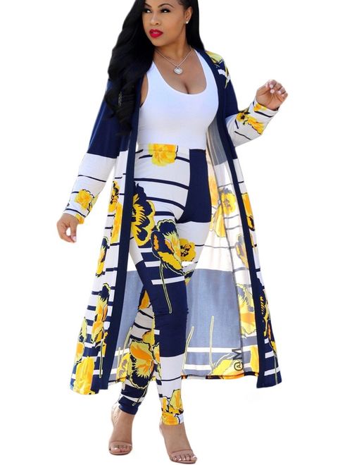Womens 2 Piece Outfits Strips Floral Print Open Front Cardigan and Pants Set