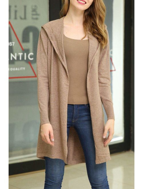 B BIMOZI Women Hooded Cardigan Sweater Drape Open Front Asym with Pockets